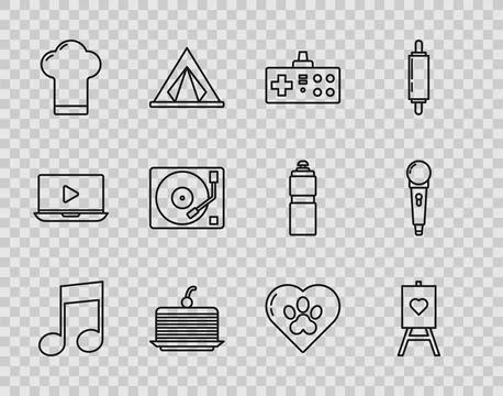 Set line Music note, tone, Wood easel or painting art boards, Gamepad, Cake.. Stock Illustration