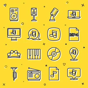 Set line Music note, tone, Location musical, MP4 file document, Microphone,.. Stock Illustration