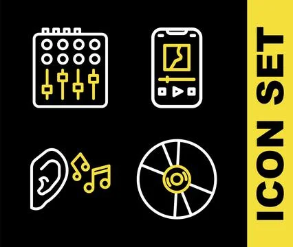 Set line Music player, CD or DVD disk, Ear listen sound signal and Sound mixer Stock Illustration