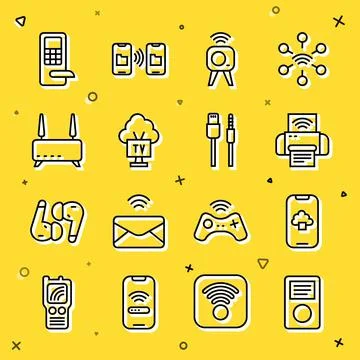 Set line Music player, Cloud technology data, Smart printer system, Web camera Illustrazione stock