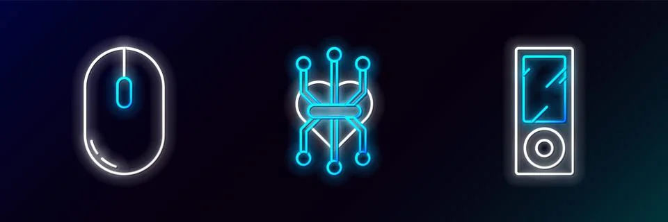Set line Music player, Computer mouse and Processor icon. Glowing neon. Vecto Illustrazione stock