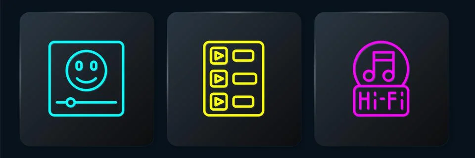Set line Music player, note, tone and playlist. Black square button. Vector Illustrazione stock