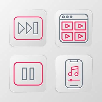 Set line Music player, Pause button, playlist and Fast forward icon. Vector イラスト素材