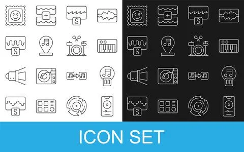 Set line Music player, Pause button, synthesizer, wave equalizer, note, ton.. Stock Illustration