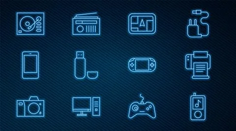 Set line Music player, Printer, Gps device with map, USB flash drive, Smartphone Stock Illustration