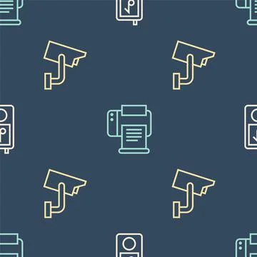 Set line Music player, Security camera and Printer on seamless pattern. Vector Stock Illustration