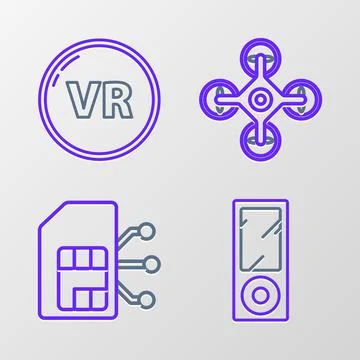 Set line Music player, Sim card, Drone and Virtual reality icon. Vector Stock Illustration
