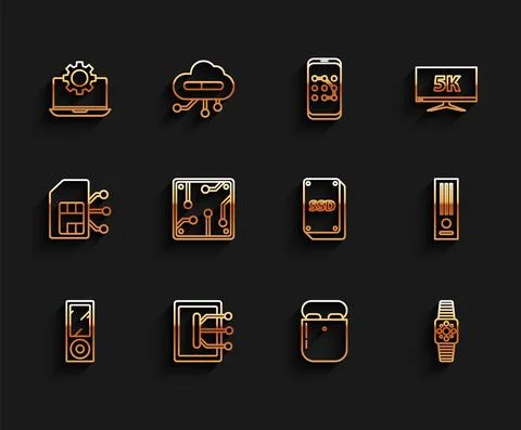 Set line Music player, Tablet, Laptop and gear, Air headphones in box Stock Illustration