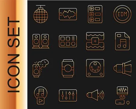 Set line Music recording studio, Movie spotlight, MP3 file document, playli.. Stock Illustration
