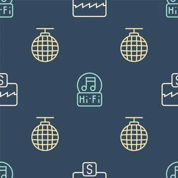 Set line Music wave equalizer, Disco ball and note, tone on seamless pattern Illustrazione stock