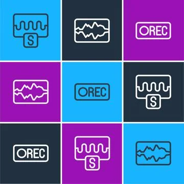 Set line Music wave equalizer, Record button and icon. Vector Stock Illustration