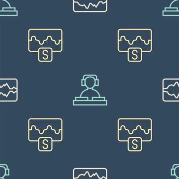 Set line Music wave equalizer, and DJ playing music on seamless pattern. Vector Illustrazione stock