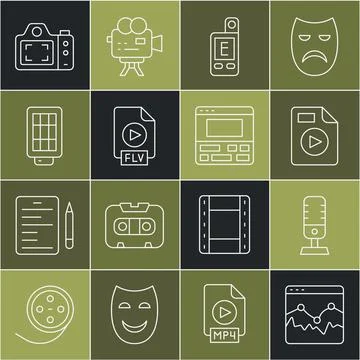 Set line Music wave equalizer, Microphone, AVI file document, Light meter, FLV Stock Illustration