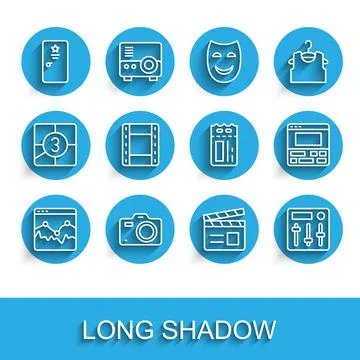 Set line Music wave equalizer, Photo camera, Backstage, Movie clapper, Sound イラスト素材