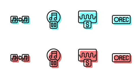Set line Music wave equalizer, note, tone, Pause button and Record icon. Vector 스톡 일러스트