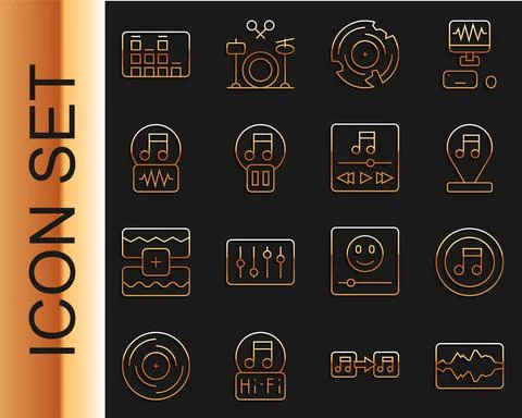 Set line Music wave equalizer, note, tone, Vinyl disk, Pause button, and player イラスト素材