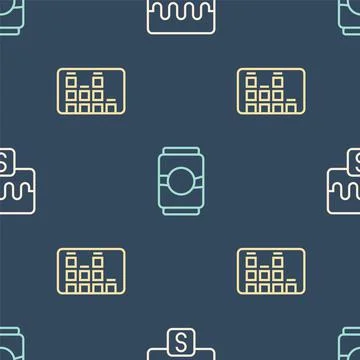 Set line Music wave equalizer,  and Beer can on seamless pattern. Vector Stockillustratie