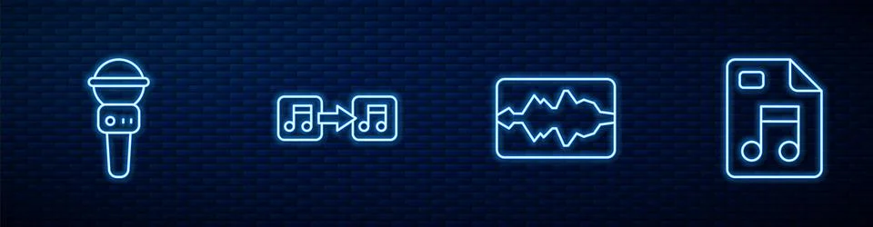 Set line Music wave equalizer, Microphone, note, tone and MP3 file document.  스톡 일러스트
