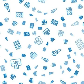 Set line Music wave equalizer, Microphone and Drum machine on seamless pattern Stock Illustration