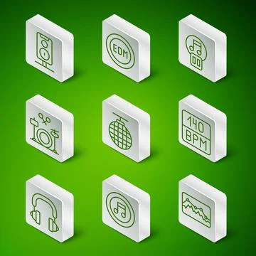 Set line Music wave equalizer, note, tone, Stereo speaker, Disco ball, Drum.. Stock Illustration