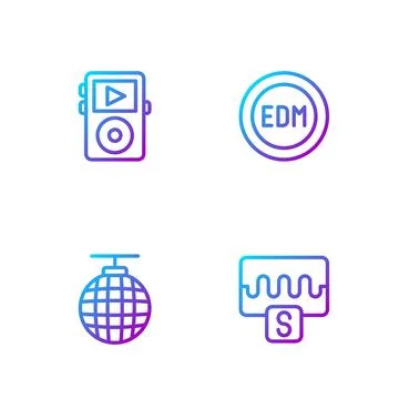 Set line Music wave equalizer, Disco ball, player and EDM electronic dance .. Stock Illustration