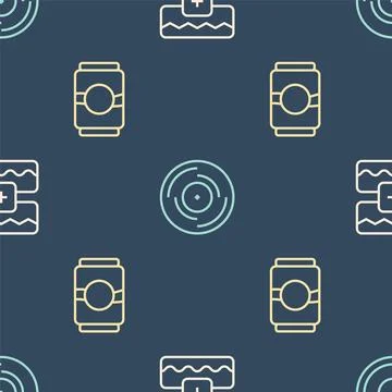 Set line Music wave equalizer, Beer can and Vinyl disk on seamless pattern... Illustrazione stock