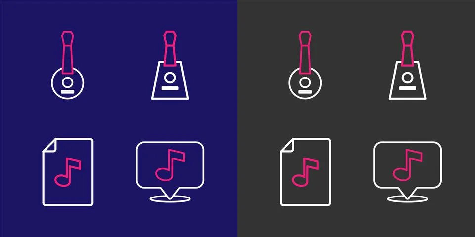 Set line Musical note, book with, Balalaika and Banjo icon. Vector Stock Illustration