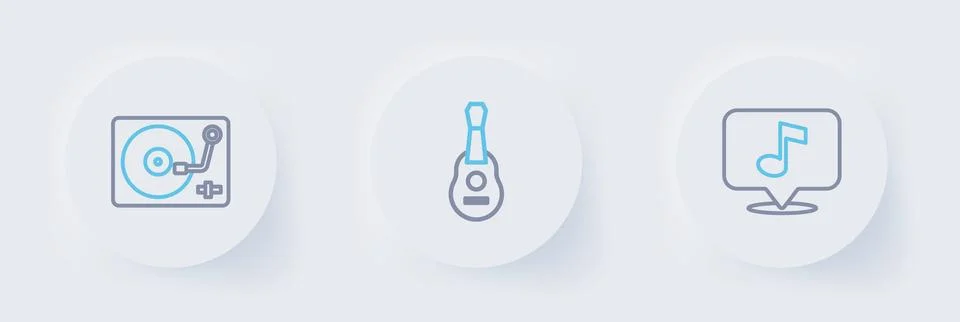 Set line Musical note, Guitar and Vinyl player with vinyl disk icon. Vector Stock Illustration