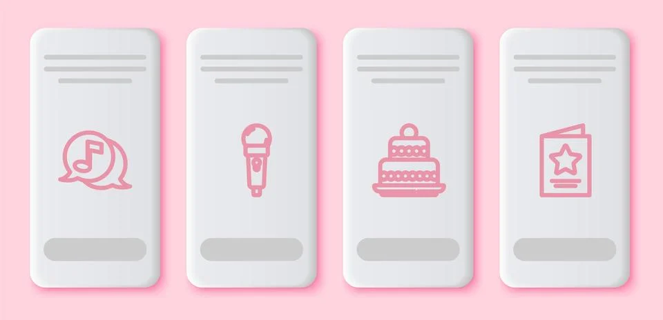 Set line Musical note in speech bubble, Microphone, Cake and Greeting card Illustrazione stock
