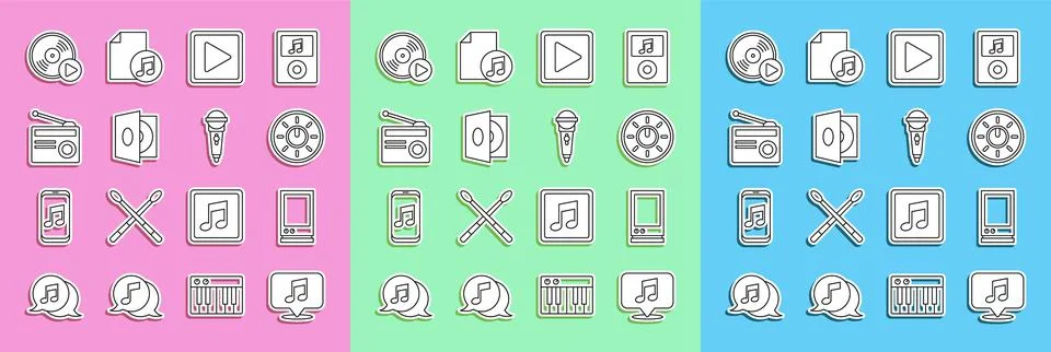 Set line Musical note in speech bubble, Voice assistant, Dial knob level Stock Illustration