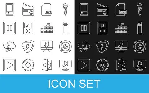 Set line Musical note in speech bubble, Stereo speaker, USB flash drive, MP3  Stock Illustration