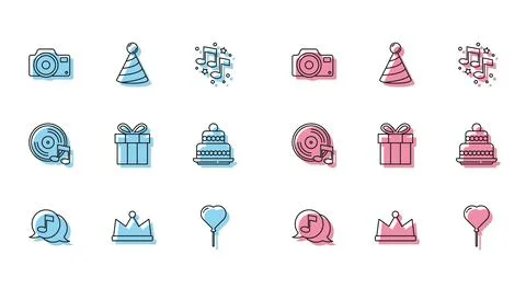 Set line Musical note in speech bubble, Crown, Photo camera, Balloon form of Stock Illustration