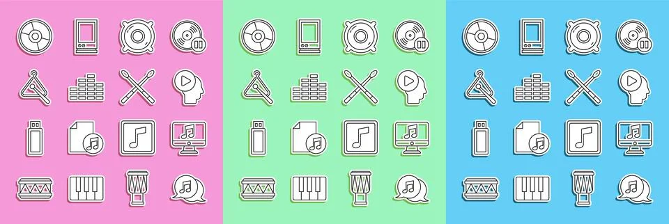 Set line Musical note in speech bubble, Computer with music, Head people pl.. Stock Illustration