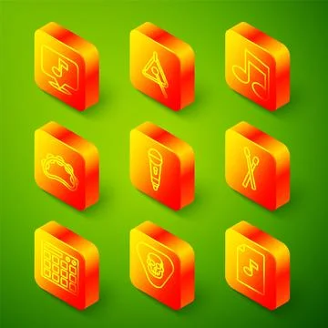 Set line Musical note, Triangle, tone, Tambourine, Microphone, Drum sticks,.. Stock Illustration