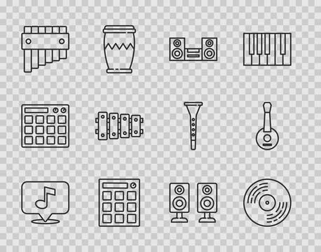 Set line Musical note, Vinyl disk, Home stereo, Drum machine, Pan flute Illustrazione stock