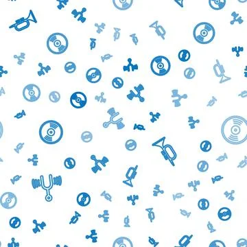 Set line Musical tuning fork, Trumpet and Vinyl disk on seamless pattern. Vector 스톡 일러스트