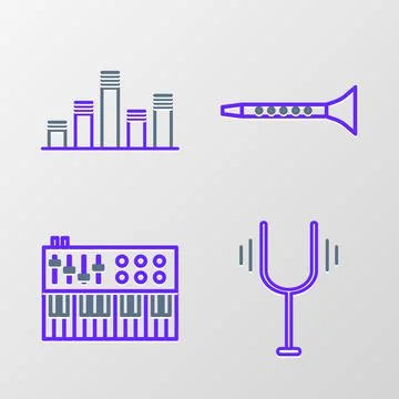 Set line Musical tuning fork, synthesizer, Clarinet and equalizer icon. Vector Stock Illustration