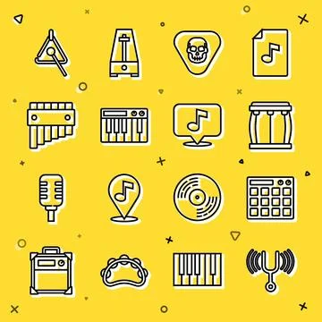 Set line Musical tuning fork, Drum machine, Guitar pick, synthesizer, Pan f.. 库存插图