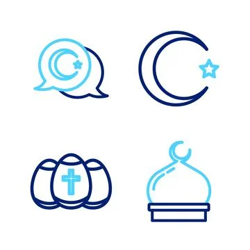 Set line Muslim Mosque, Easter egg, Star and crescent and  icon. Vector Stock Illustration
