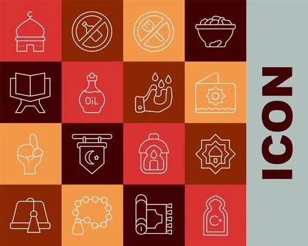 Set line Muslim Mosque, Octagonal star, Ramadan fasting, Essential oil bott.. Stock Illustration