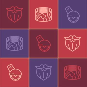 Set line Mustache and beard, Electric circular saw and Wooden logs icon. Vector Illustrazione stock