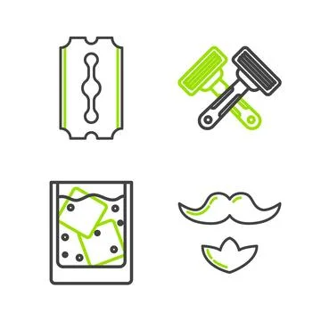 Set line Mustache and beard, Glass of whiskey ice cubes, Crossed shaving ra.. Stock Illustration