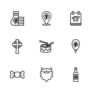 Set line Mustache and beard, Balloon with clover trefoil leaf, Beer bottle,.. Stock Illustration