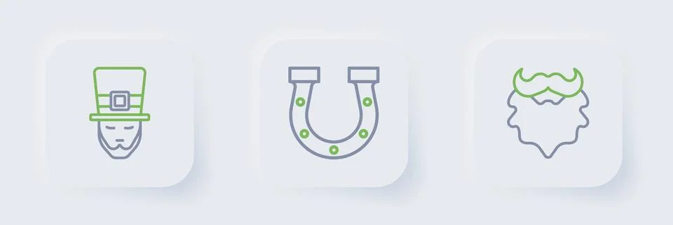 Set line Mustache and beard, Horseshoe and Leprechaun icon. Vector Stock Illustration
