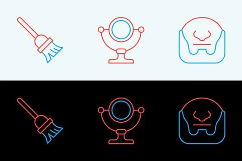 Set line Mustache and beard, Mop and Round makeup mirror icon. Vector Stock Illustration