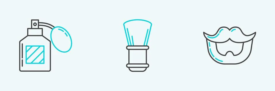 Set line Mustache and beard, Aftershave and Shaving brush icon. Vector Stock Illustration