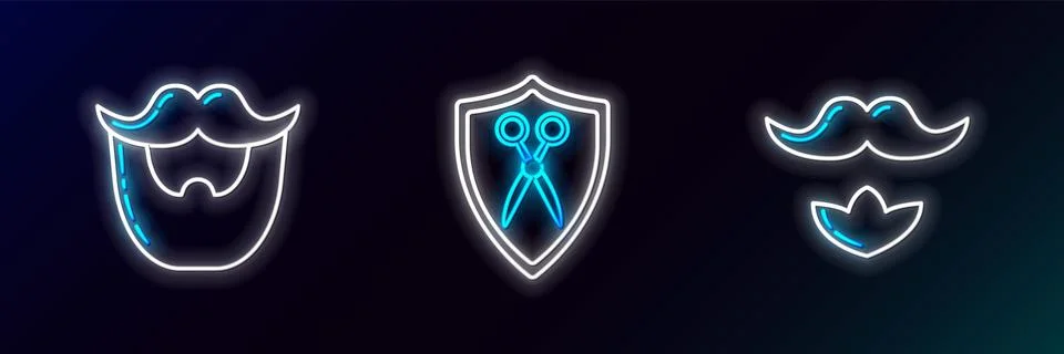 Set line Mustache and beard,  and Scissors hairdresser shield icon. Glowing.. Illustrazione stock