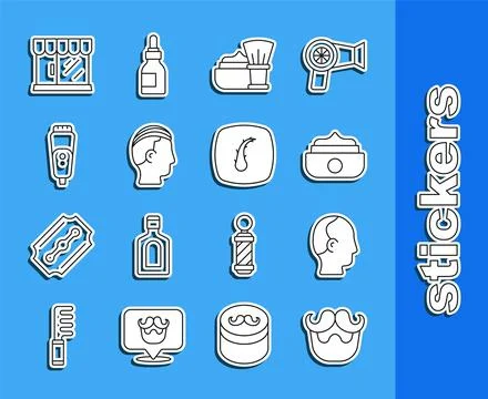 Set line Mustache and beard, Baldness, Gel or wax for hair styling, Shaving.. Stock Illustration