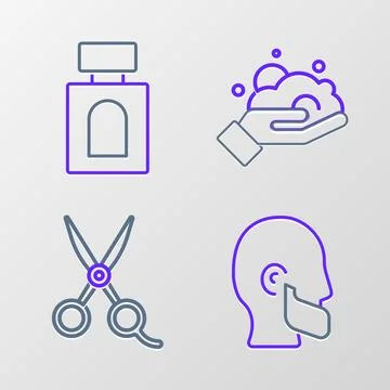 Set line Mustache and beard, Scissors hairdresser, Shaving foam on hand and.. Illustrazione stock