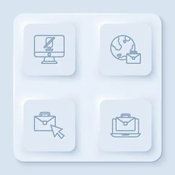 Set line Mute microphone on computer, Online working, and . White square button Stock Illustration